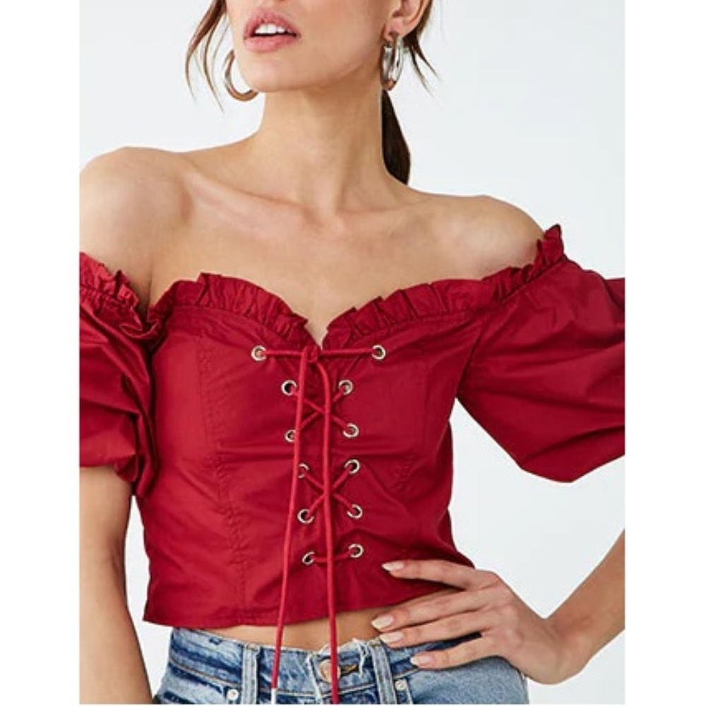 Burgundy Lace Up Front Off The Shoulder Crop Top